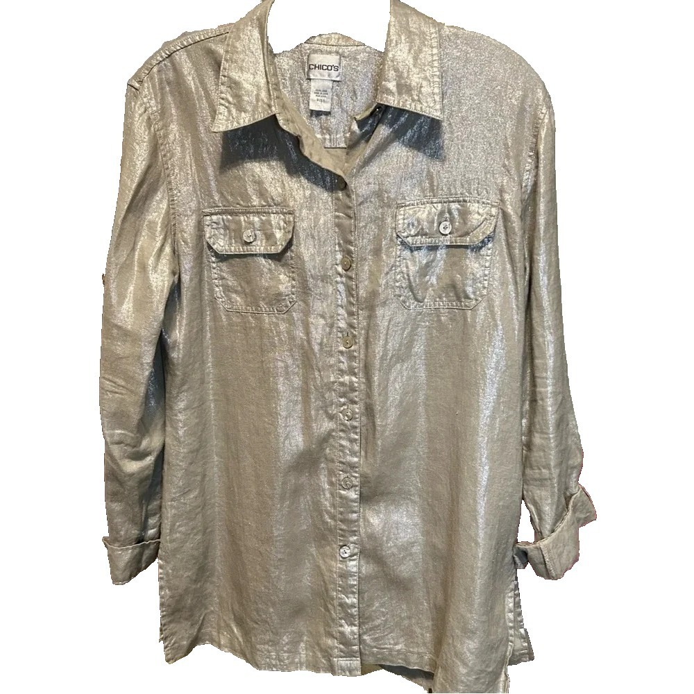 Chicos Womens Medium Size 1 Linen Top Khaki Button Down Metallic Foil Layers